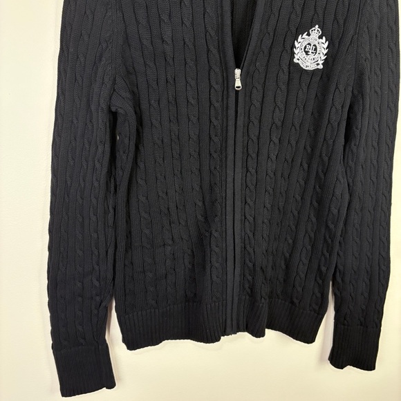 Ralph Lauren Black Cable Knit Zip Sweater White Crest Logo - Picture 2 of 6